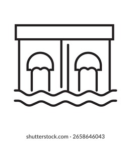 Outline icon of dam structure representing hydroelectric power generation with editable stroke.