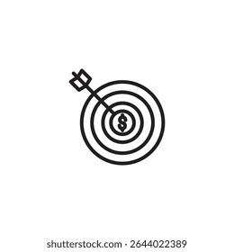 Outline icon of a dart hitting a bullseye with a dollar sign, representing financial goals, profit targeting, ROI, or successful business investment strategies.