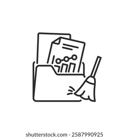 An outline icon depicting the concept of data analysis, which includes a folder filled with documents along with a broom, symbolizing the importance of thorough data organization and management