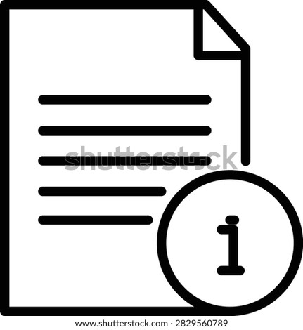 An outline icon depicting a document file with text lines and an information symbol, representing data, details, or help.