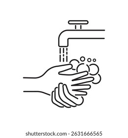 Outline icon depicting hands being washed under a faucet with soap and bubbles. Ideal for hygiene awareness, health campaigns, and instructional graphics.