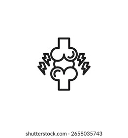 Ein Umrisssymbol, das ein Gelenk, möglicherweise ein Knie oder eine Hüfte, mit Blitzen auf beiden Seiten darstellt, was auf Gelenkschmerzen, Arthritis oder Entzündungen hinweist.