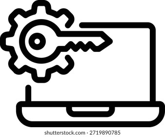 Ein Gliederungssymbol, das einen Laptop mit einem großen Schlüssel und einem Gerät darstellt und Systemeinstellungen, digitale Sicherheit, Konfiguration oder administrativen Zugriff symbolisiert.