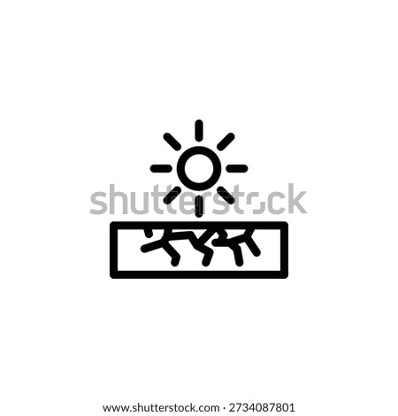 An outline icon depicting a shining sun over dry, cracked earth, symbolizing drought, heat, and environmental challenges.