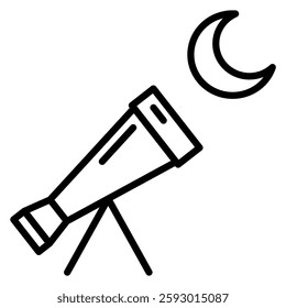 Outline icon depicts a telescope aimed at the moon against a white background Great for science and astronomy related designs