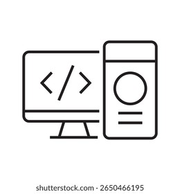 Outline icon of desktop monitor with code. Represents web development, programming, or coding workspace. Editable stroke, linear style. vector illustration