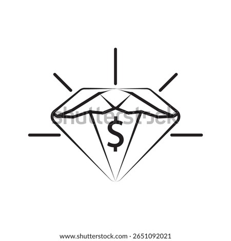 Outline icon of a diamond with a dollar symbol, representing wealth, valuable asset, or luxury investment. Ideal for finance, business, and economic visuals.