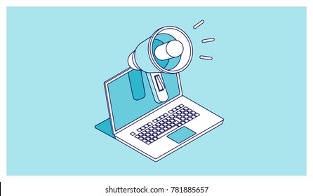 Outline icon of digital internet advertising and promotion, laptop with megaphone isometric vector illustration