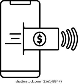 outline icon digital payments. Shows a hand holding a card with a dollar symbol, symbolizing cashless transactions and financial technology.
