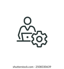 Outline icon digital service, online platform, freelance work. Line sign man professional working on laptop with gear, cogwheel. Vector isolated pictogram for web on white background editable stroke.