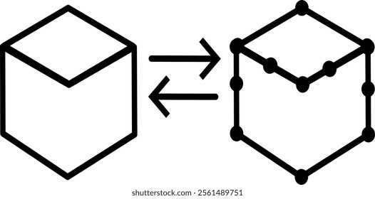 outline icon digital twins. Features two interconnected cubes, symbolizing virtual replicas of physical objects for simulation and analysis.