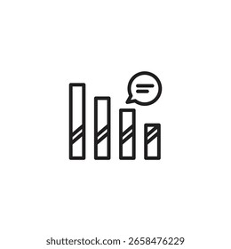 Icono de contorno que muestra un gráfico de barras con una burbuja de diálogo que indica sondeo o Comentarios, ideal para mostrar resultados de Encuesta o datos de opinión pública.