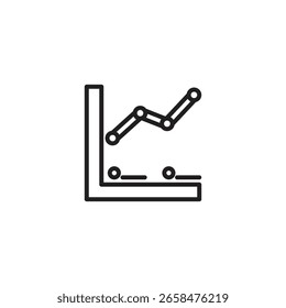Icono de contorno que muestra un gráfico de líneas con puntos de datos en un eje en forma de L, que representa una tendencia o visualización de datos con una pendiente ascendente.