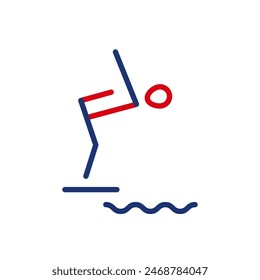 Outline icon of a diver preparing to dive into the water. Vector icon of an athlete performing a jump. Flat icon, pictogram. Sport competitions.