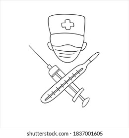 Outline icon of the doctor in style of doodles. Medical worker with crossed syringe and thermometer as symbol of medicine, vaccination, fighting virus covid-19 and first aid in case of illness