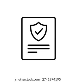 Outline icon of document with shield and checkmark symbolizing security, insurance, approval, or verified record