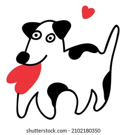 Outline icon. Dog hold red heart in mouth. Vector hand drawn illustration for Valentine's day.