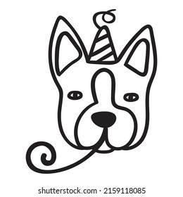 Outline Icon. Dog Wearing Birthday Hat. Vector Illustration.