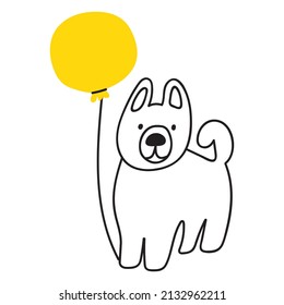 Outline icon. Dog with yellow balloon. Illustration on white background. 