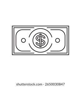 Outline icon of a dollar bill with a central dollar sign, representing paper money, cash, payment, finance, banking, or currency. Minimal vector style, suitable for UI UX, fintech, or business themes.