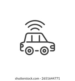 Icono del esquema del coche sin conductor de la IA con los sensores. Símbolo de Vector de línea de la tecnología de transporte inteligente. Icono de sistema de vehículo autónomo.