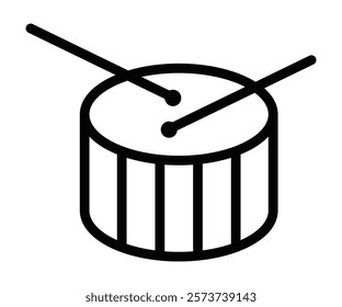 Outline icon of a drum with drumsticks. Editable stroke.