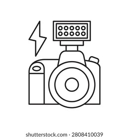 Outline icon of a DSLR camera equipped with a mounted external flash speedlite.