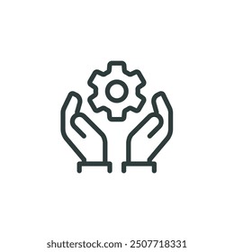 Outline icon easy operation process, maintenance customize, engineering. Line sign two human hands holding a gear, cogwheel. Vector isolated pictogram for web on white background editable stroke.