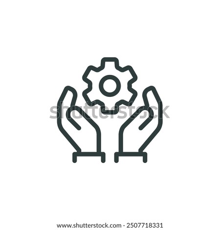 Outline icon easy operation process, maintenance customize, engineering. Line sign two human hands holding a gear, cogwheel. Vector isolated pictogram for web on white background editable stroke.