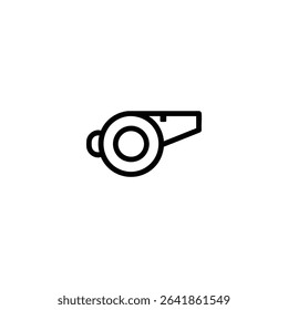 Outline icon of an emergency whistle in a simple side profile. Monochrome vector graphic for safety, alert, or rescue themes.
