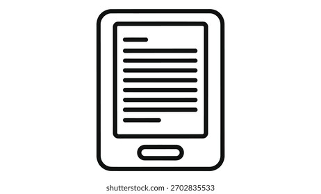 An outline icon of an e-reader device, displaying text on its screen, representing digital book reading and access to electronic literature.