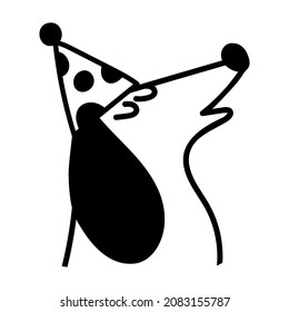 Outline icon. Face of dachshund wearing party hat. Vector hand drawn illustration on white background. 