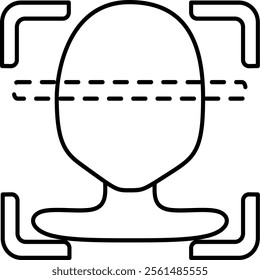 outline icon facial recognition technology. Features a face within a scanning frame, symbolizing biometric identification and AI-driven security.