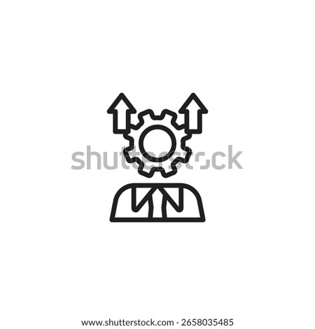 An outline icon featuring a person with a gear and two upward arrows, symbolizing professional development, skill improvement, or career advancement.