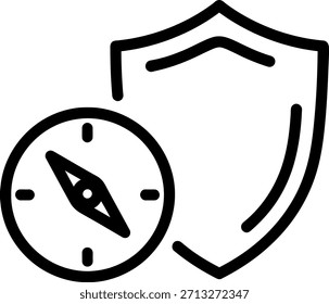 Ícone de esboço com um escudo e bússola, simbolizando navegação segura e orientação confiável.