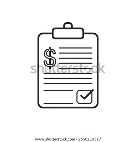 Outline icon of a financial checklist on a clipboard with a dollar symbol and checkmark, ideal for budget planning, accounting, taxes, or expense tracking visuals.