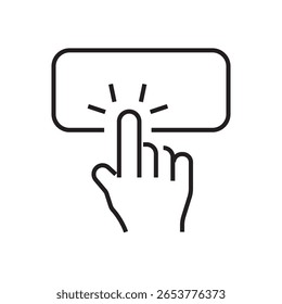 Ícone de contorno de um dedo pressionando um botão retangular, representando a interação digital da interface do usuário ou o comando de pressionamento de botão. traçado editável. ilustração vetorial