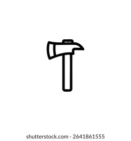 Outline icon of a fire axe with a pick-head axe shape and straight handle. Monochrome vector graphic for firefighting or rescue tool themes.