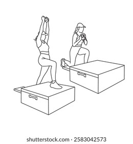 Outline icon of fitness leggings woman exercising with cube mat and dumbbells