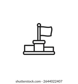 Outline icon of a flag on a podium, symbolizing achievement, reaching goals, leadership, success milestones, and final target accomplishment.