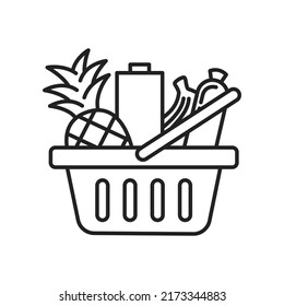 Outline icon of full basket of food, grocery stores. Grocery basket with fruits and bottles. Vector illustration.