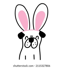 Outline icon. Funny pug wearing bunny ears. Easter party. Illustration on white background.