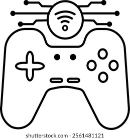 outline icon gaming technology. Features a game controller with wireless signals, symbolizing digital gaming and innovative gaming solutions