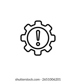 Outline icon of a gear with an exclamation mark, symbolizing alert, warning, or caution.