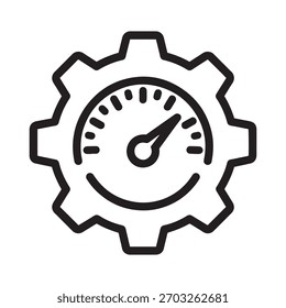 Ícone de contorno de uma engrenagem com um velocímetro, simbolizando configurações, velocidade, desempenho, otimização e eficiência.