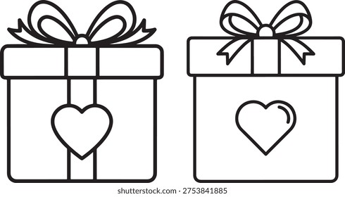 Outline icon of gift box with heart ribbon for love celebration surprise and special occasion