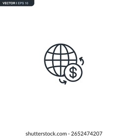 Ícone de contorno de um globo com setas. Representa transferência de dinheiro internacional, câmbio de moeda e finanças globais.