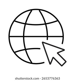 Outline icon of a globe with a cursor click, representing access to global websites, links, or internet navigation. editable stroke. vector illustration