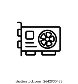 Outline Icon of a Graphics Processing Unit (GPU) with Cooling Fan and Ports