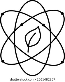 outline icon green technology. Features a leaf inside an atom-like structure, symbolizing eco-friendly advancements and environmental sustainability